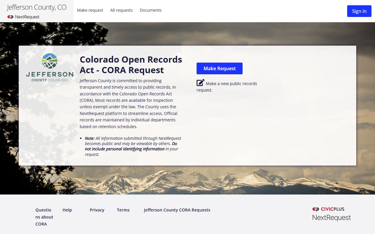 Jefferson County NextRequest portal for public records requests