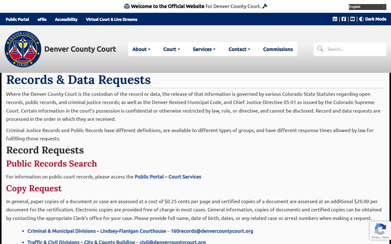 Denver County Court data and records request page