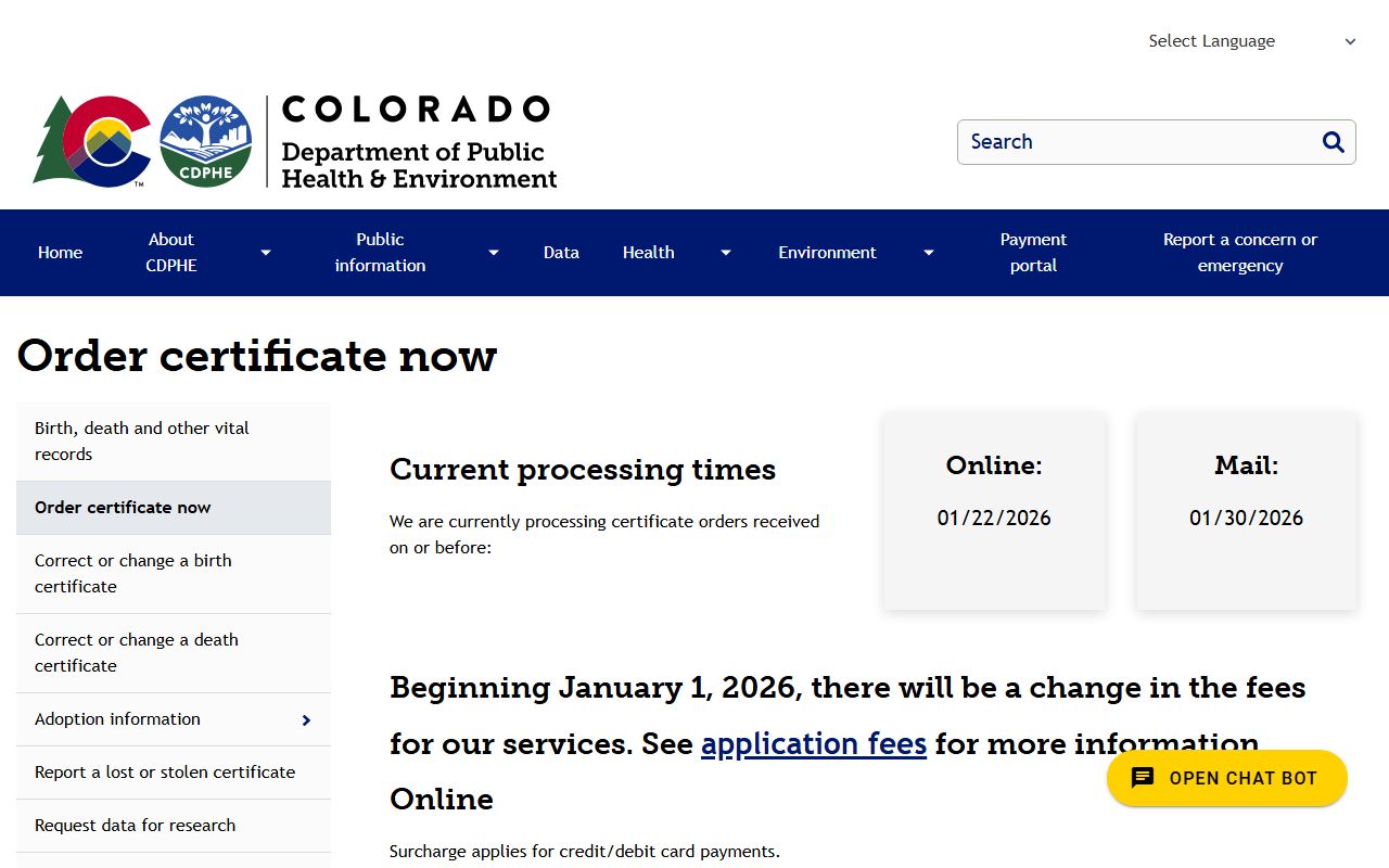 Colorado vital records ordering page