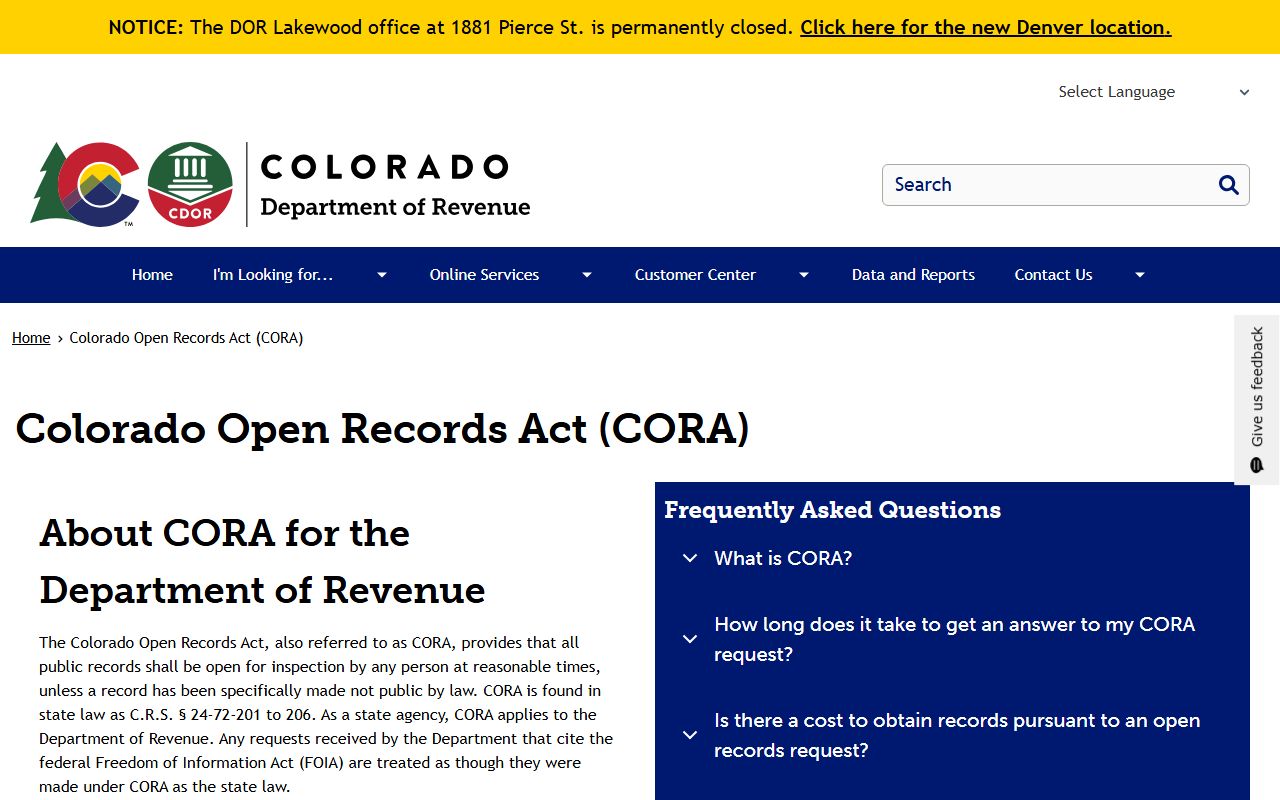 Colorado Department of Revenue CORA page